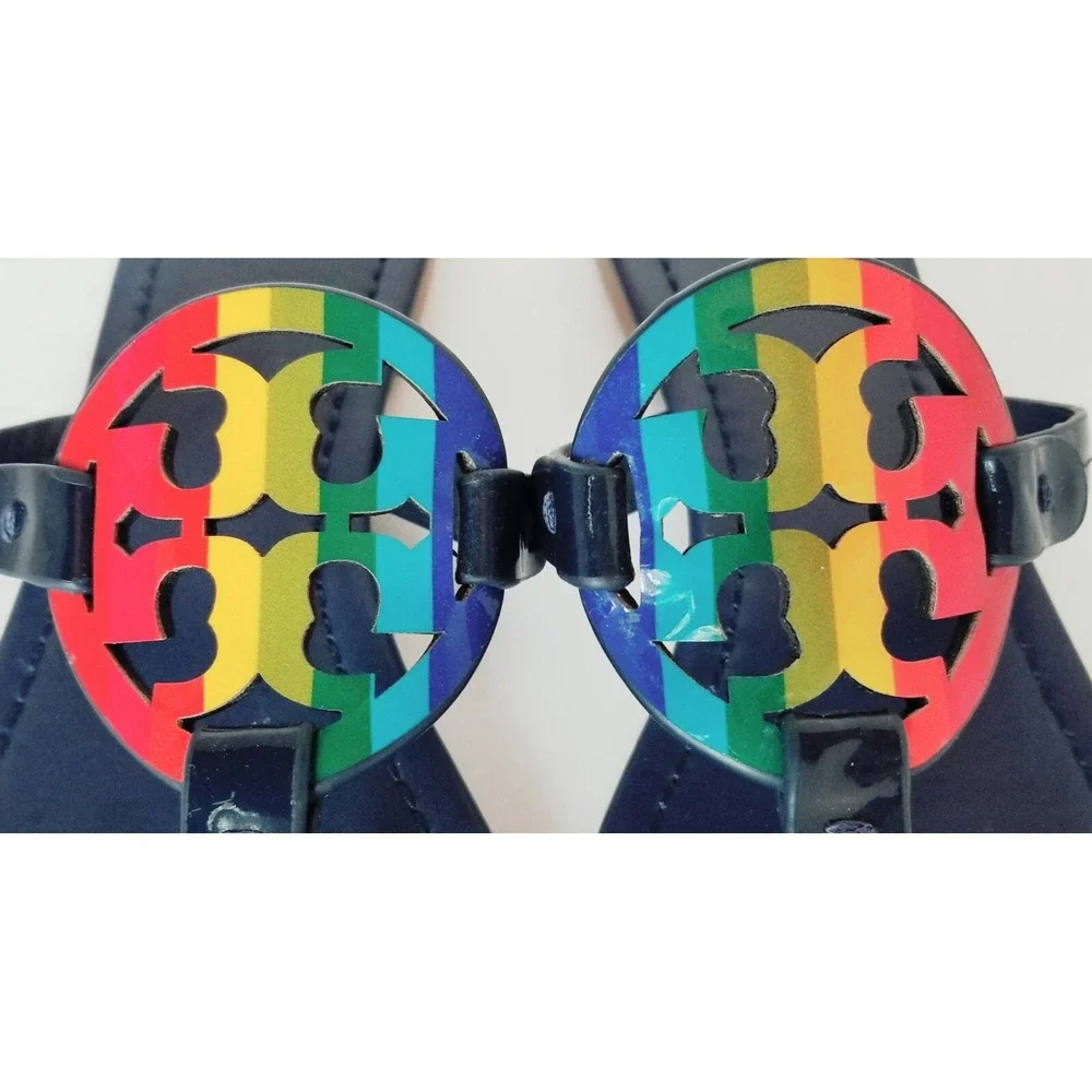 TORY BURCH Rainbow Leather BIG Medalion Slides/Thongs/Flat Sandals Sz 8.5M